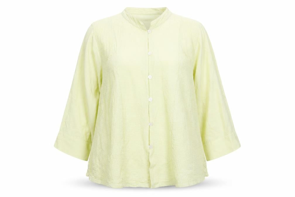 Front view of British India women’s yellow cotton button-up shirt, size UK 12