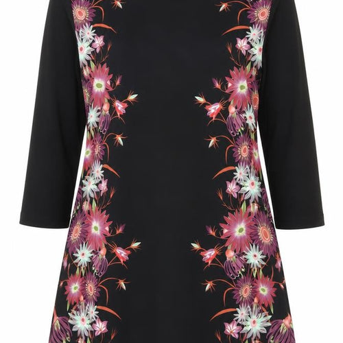 Klass Womens Black Pink Floral Tunic Blouse Size L 3/4 Sleeve