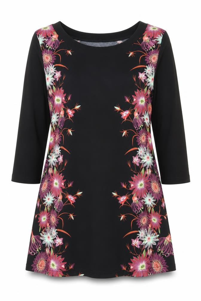 Klass Womens Black Pink Floral Tunic Blouse Size L 3/4 Sleeve