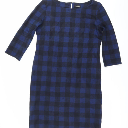 Pomodoro Women’s Blue Check Shift Dress Size 14 Round Neck 3/4 Sleeve