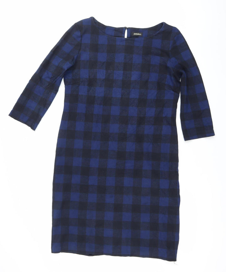 Pomodoro Women’s Blue Check Shift Dress Size 14 Round Neck 3/4 Sleeve