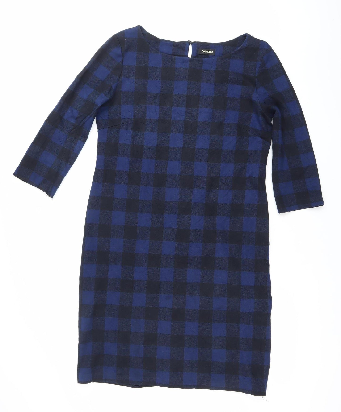 Pomodoro Women’s Blue Check Shift Dress Size 14 Round Neck 3/4 Sleeve