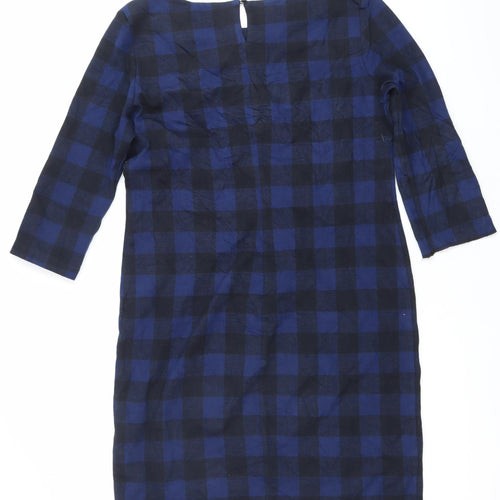 Pomodoro Women’s Blue Check Shift Dress Size 14 Round Neck 3/4 Sleeve