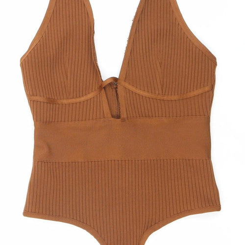 PrettyLittleThing Women’s Brown Bodysuit Size 10 Scoop Neck Ribbed Slim Fit