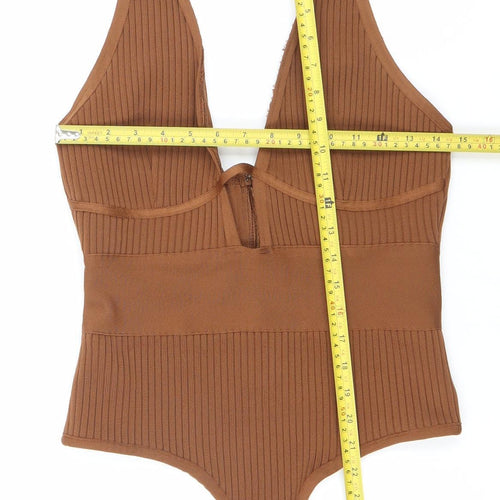 PrettyLittleThing Women’s Brown Bodysuit Size 10 Scoop Neck Ribbed Slim Fit