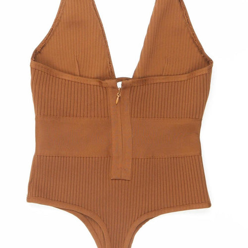 PrettyLittleThing Women’s Brown Bodysuit Size 10 Scoop Neck Ribbed Slim Fit