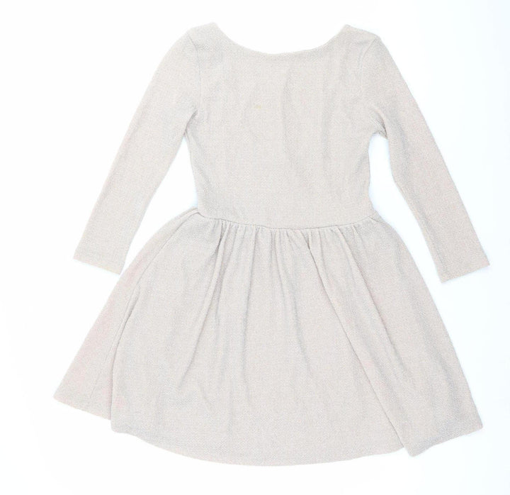 Topshop Women’s Beige Glitter Skater Dress Size 8 Long Sleeve Scoop Neck