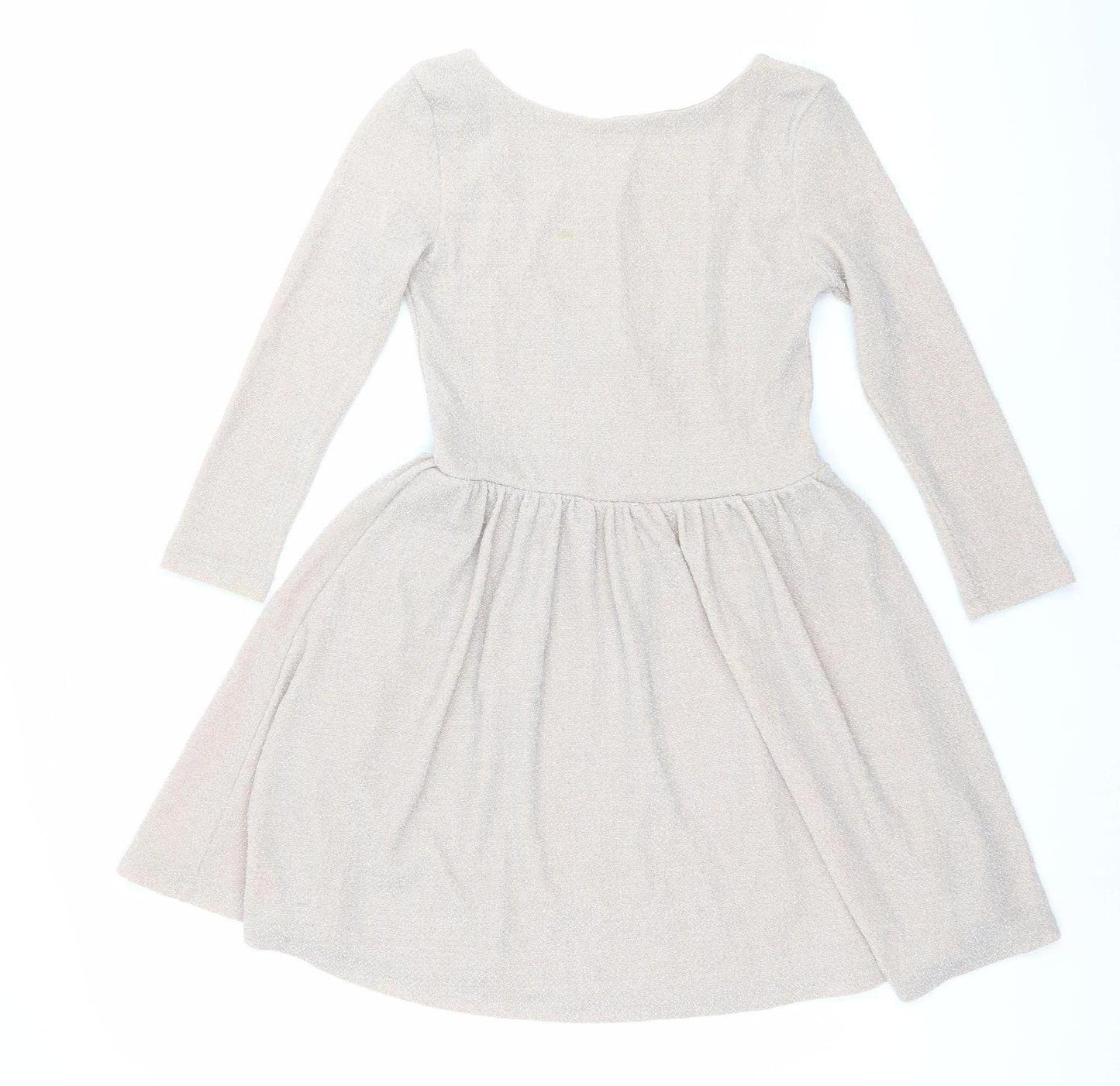 Topshop Women’s Beige Glitter Skater Dress Size 8 Long Sleeve Scoop Neck