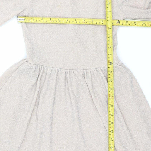 Topshop Women’s Beige Glitter Skater Dress Size 8 Long Sleeve Scoop Neck