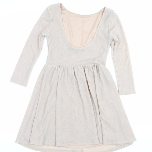 Topshop Women’s Beige Glitter Skater Dress Size 8 Long Sleeve Scoop Neck