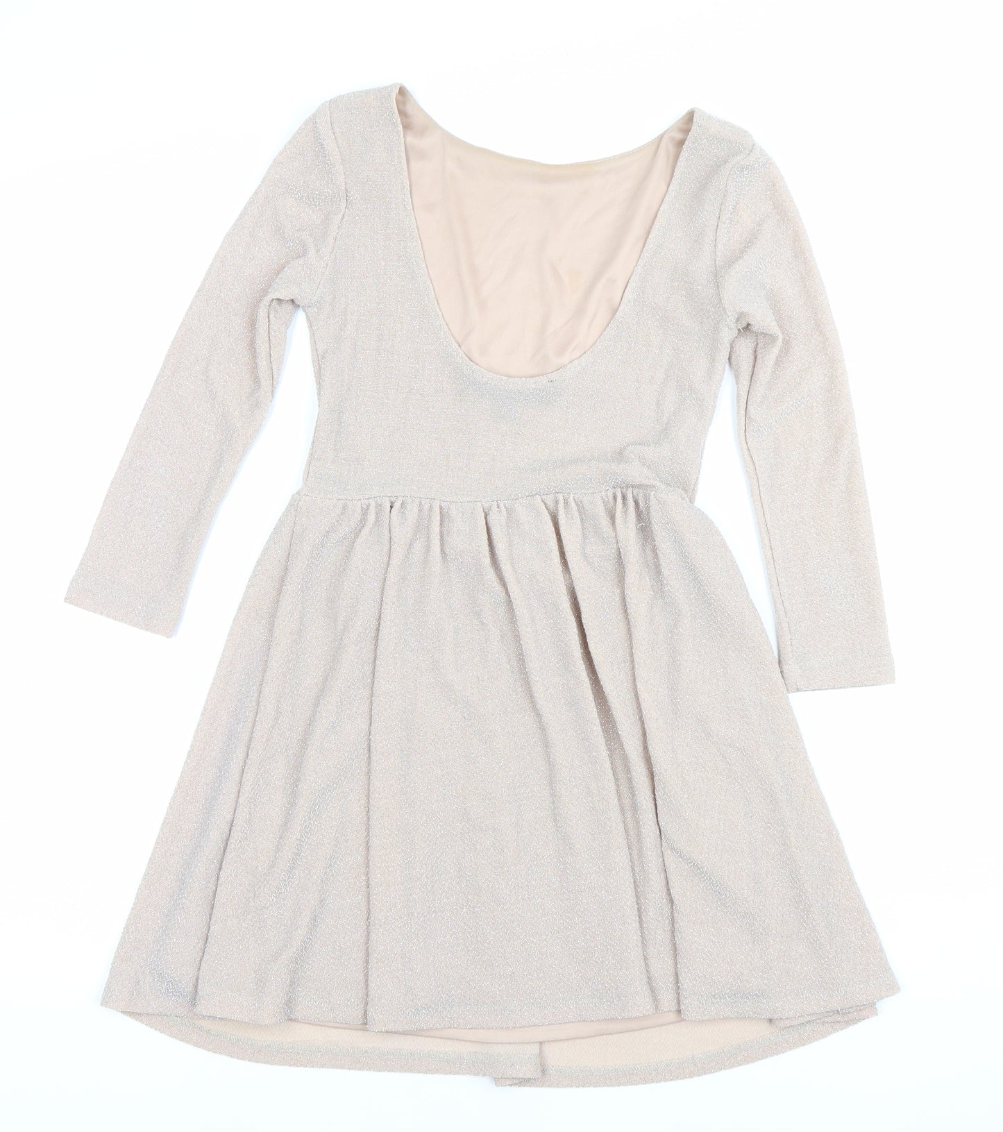Topshop Women’s Beige Glitter Skater Dress Size 8 Long Sleeve Scoop Neck