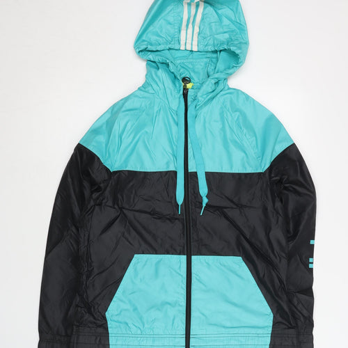 Adidas Womens Black Blue Windbreaker Jacket Size 8 Hooded Sportswear