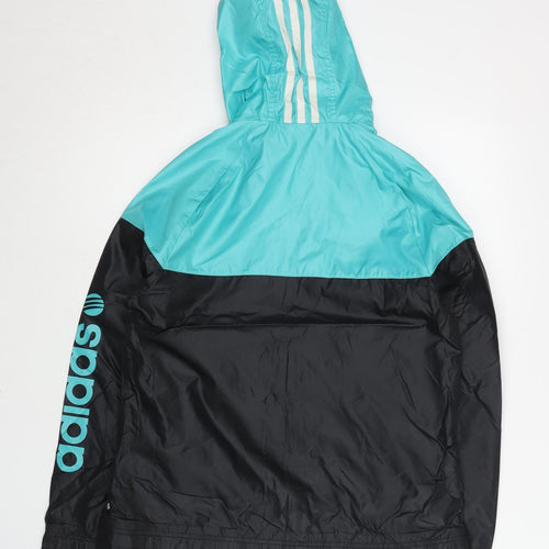 Adidas Womens Black Blue Windbreaker Jacket Size 8 Hooded Sportswear