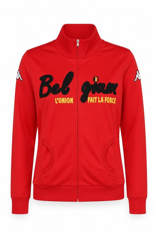Front view of Kappa Women’s Red Track Jacket, size UK 8, Belgium Logo Full Zip Sportswear