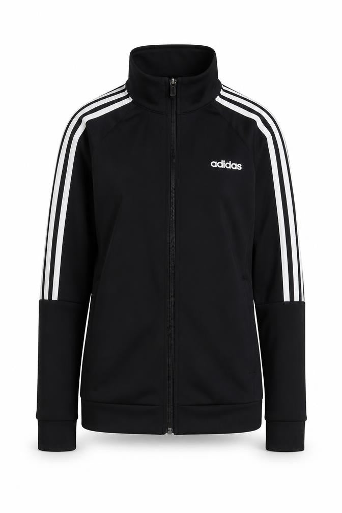 Front view of Adidas women’s black, size UK 6, track jacket full zip sportswear
