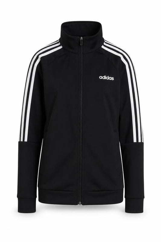 Front view of Adidas women’s black, size UK 6, track jacket full zip sportswear