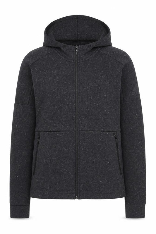 Front view of Adidas women’s black full zip hoodie, size UK 14, uk cotton blend