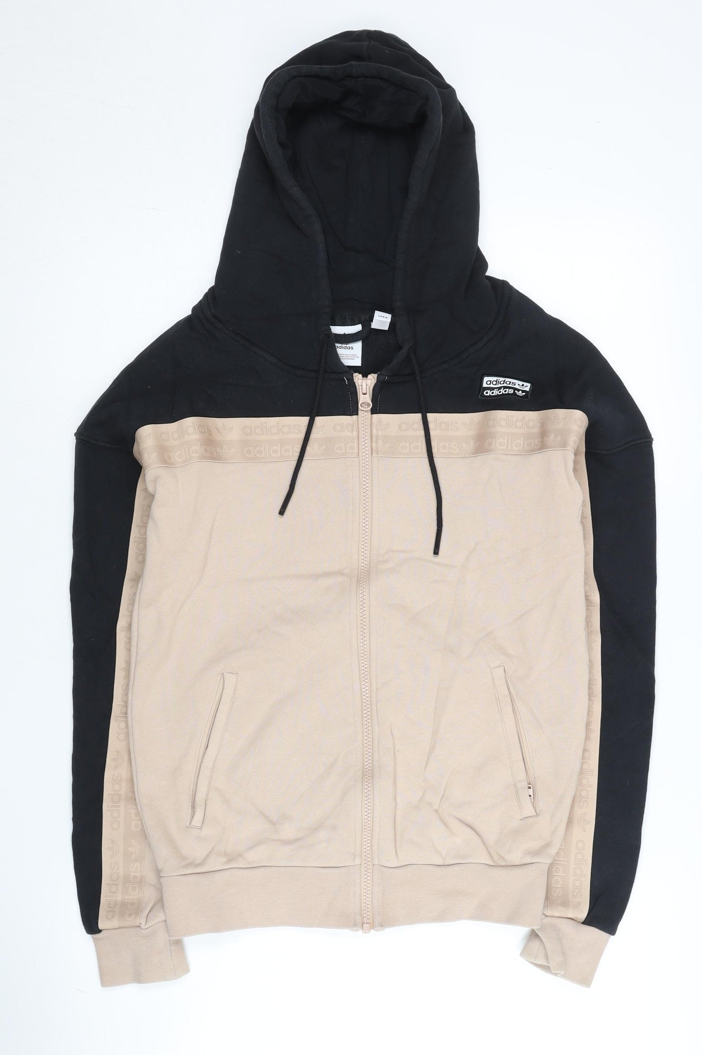 Adidas Womens Black Beige Full Zip Hoodie Size 8 Cotton Logo