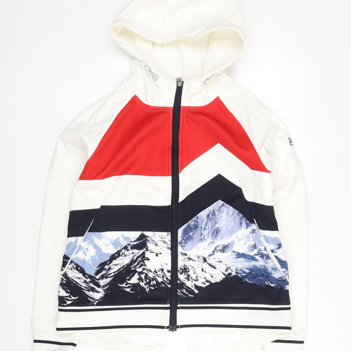 Fila Women’s White Track Jacket Size 8 Geometric Hooded Full Zip