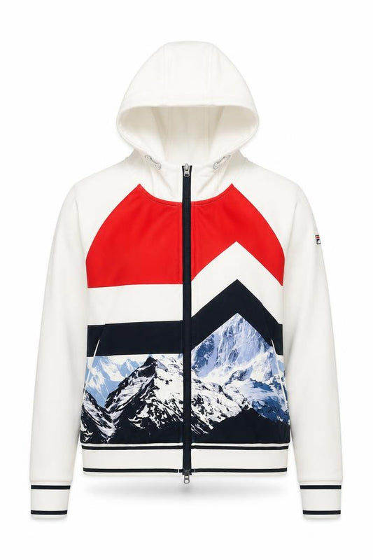 Front view of Fila Women’s White Track Jacket, size UK 8, Geometric Hooded Full Zip