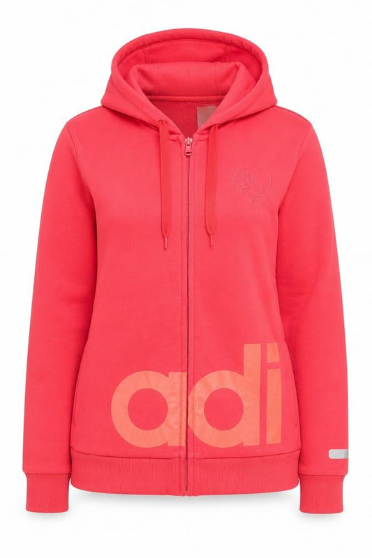 Front view of Adidas women’s pink full zip hoodie, size UK 12, regular fit logo