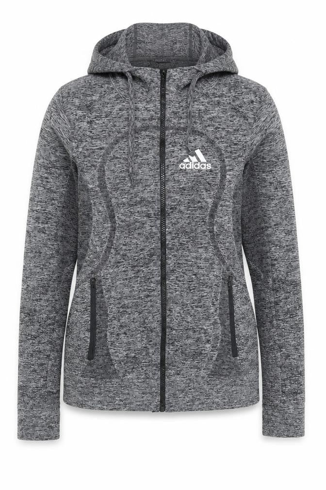 Front view of Adidas women’s grey slim fit track jacket s hooded full zip