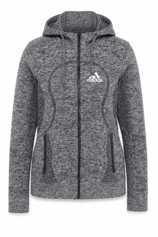 Front view of Adidas women’s grey slim fit track jacket s hooded full zip