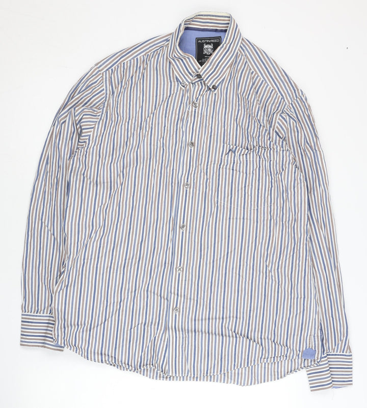 Austin Reed Mens Large Blue Striped Cotton Long Sleeve Shirt
