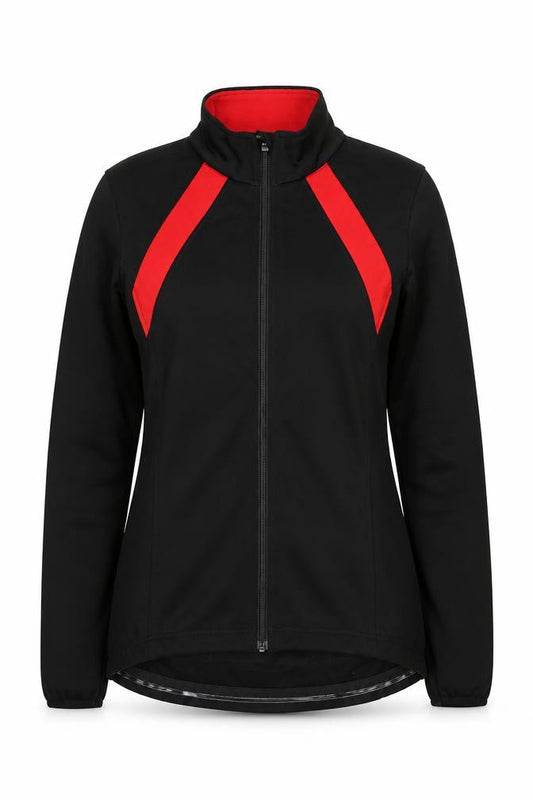 Front view of Crane women’s black, size UK 10 slim, fit cycling track jacket reflective