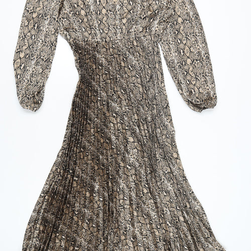 Gini London Women Brown Snake Print Pleated Midi Shirt Dress Size 12