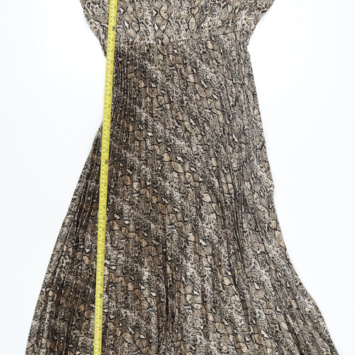 Gini London Women Brown Snake Print Pleated Midi Shirt Dress Size 12