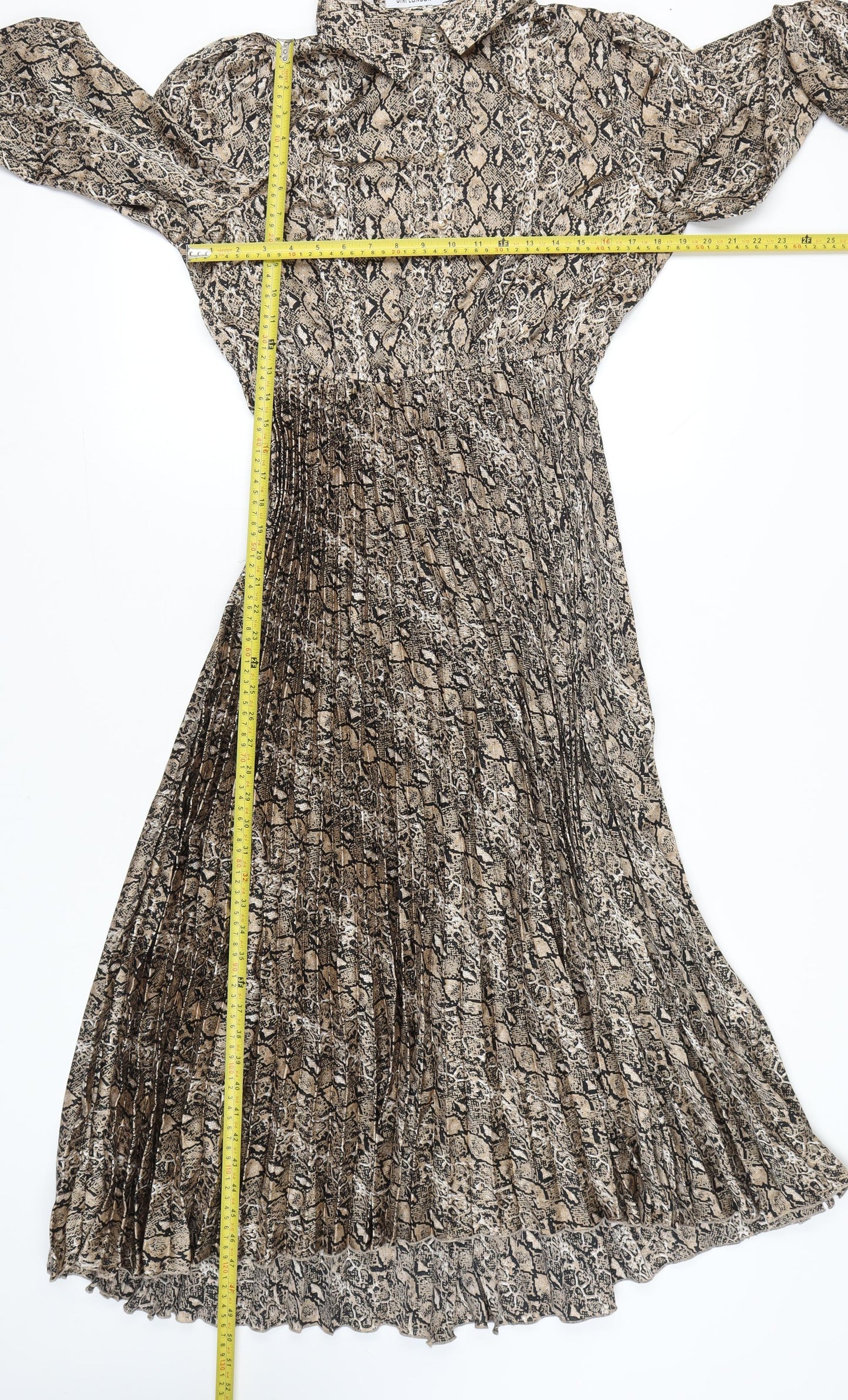 Gini London Women Brown Snake Print Pleated Midi Shirt Dress Size 12