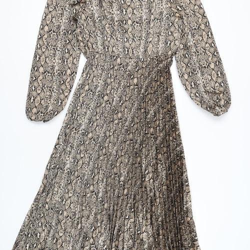 Gini London Women Brown Snake Print Pleated Midi Shirt Dress Size 12