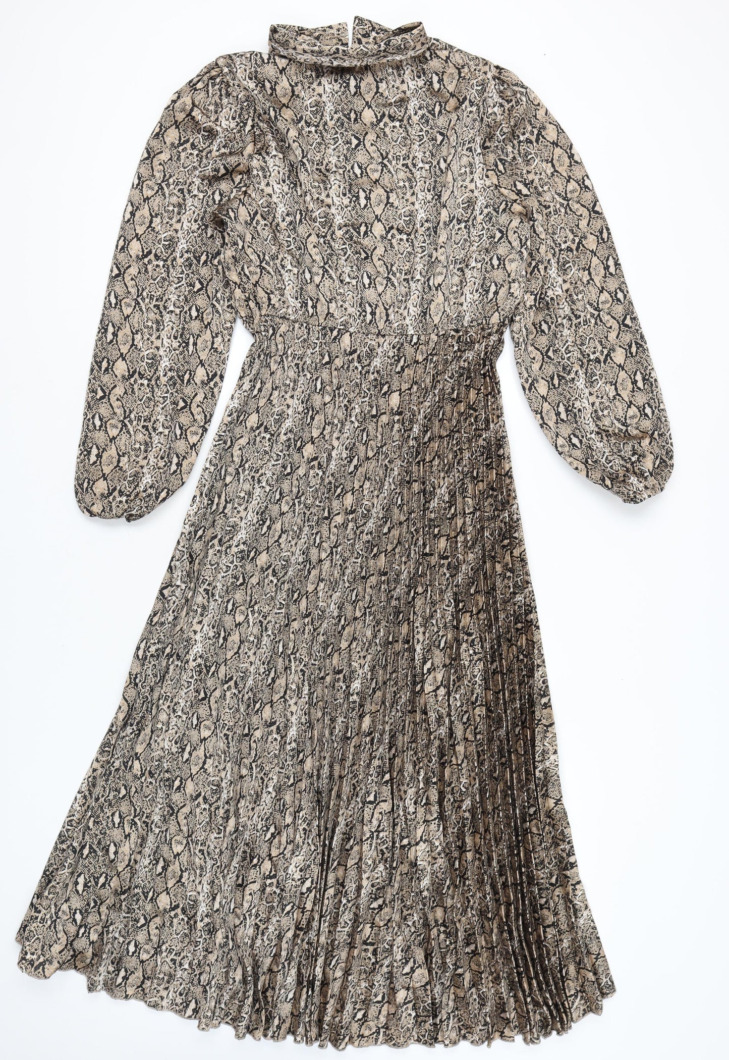Gini London Women Brown Snake Print Pleated Midi Shirt Dress Size 12