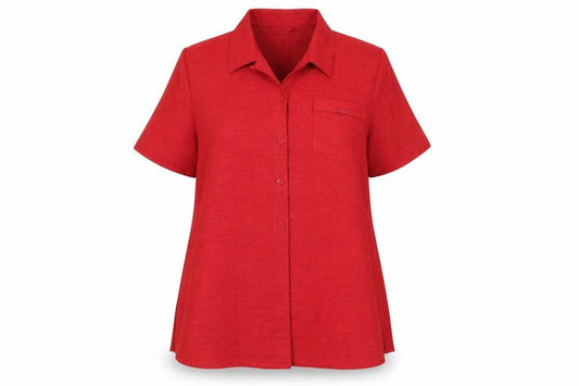 Front view of ELVI women’s red, size UK 16, short sleeve button suit top