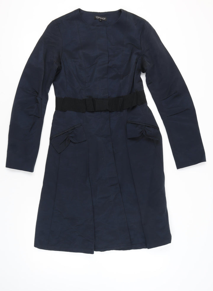 Topshop Women’s Blue Long Overcoat UK 10 Belted Classic Formal