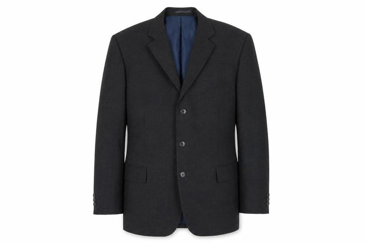 Front view of Pinstripe men’s grey 46in chest regular fit blazer jacket