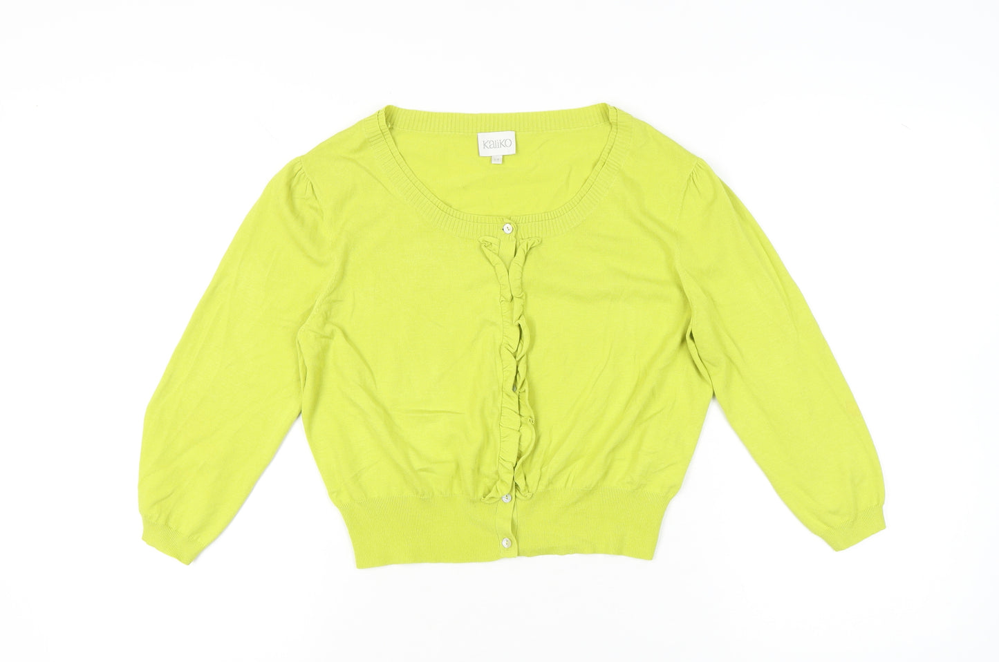 Kaliko Womens Green Cardigan Size 14 Knit Ruffle Scoop Neck