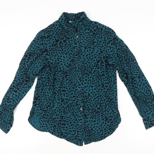 Hush Womens Blue Leopard Print Button Up Shirt Size 8 Long Sleeve