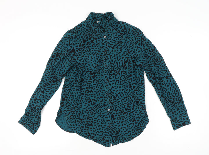 Hush Womens Blue Leopard Print Button Up Shirt Size 8 Long Sleeve