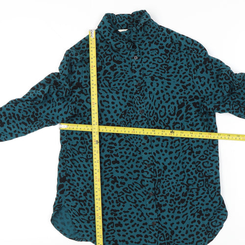 Hush Womens Blue Leopard Print Button Up Shirt Size 8 Long Sleeve