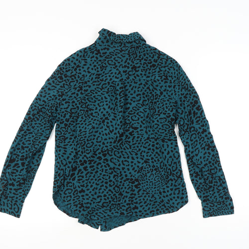 Hush Womens Blue Leopard Print Button Up Shirt Size 8 Long Sleeve