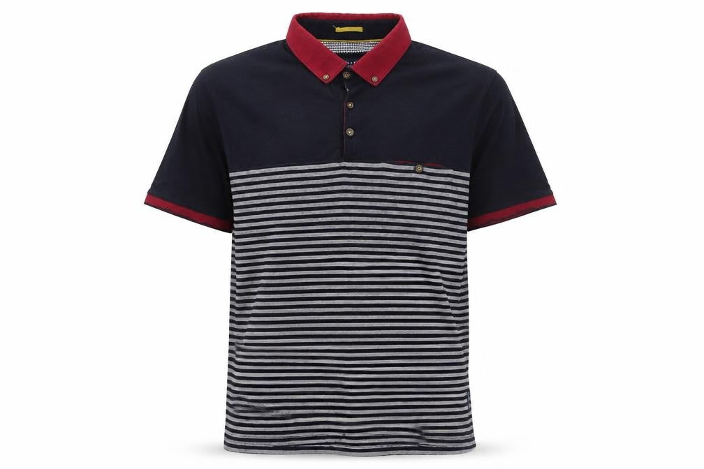 Front view of Ted Baker Men’s Black Striped Polo Shirt, size L, Cotton Blend