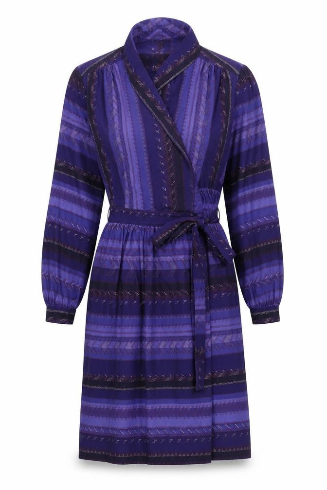 Lerose Women’s Purple Striped Vintage Wrap Dress Size 12 Long Sleeve