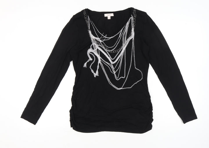 Laurèl Women’s Black Embellished Tunic Blouse - Size 14 Long Sleeve Scoop Neck