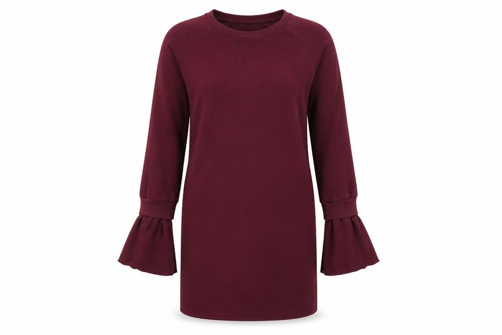 Front view of Missguided Women’s Red Shift Dress, size UK 10, Long Sleeve Flared