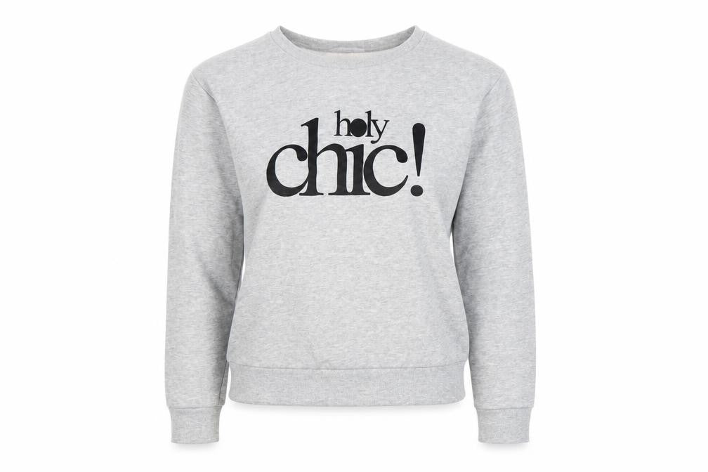 Front view of Boohoo women’s grey xs pullover sweatshirt graphic print chic