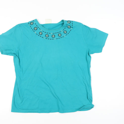 Eastex Women Blue Cotton T-Shirt Size 12 Embroidered Neckline