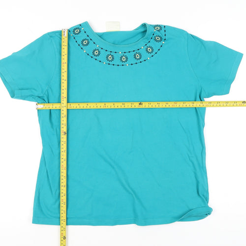 Eastex Women Blue Cotton T-Shirt Size 12 Embroidered Neckline