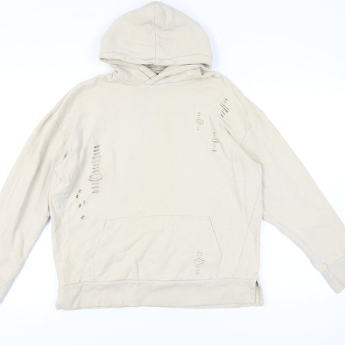 River Island Men’s Beige Distressed Pullover Hoodie M Regular Fit